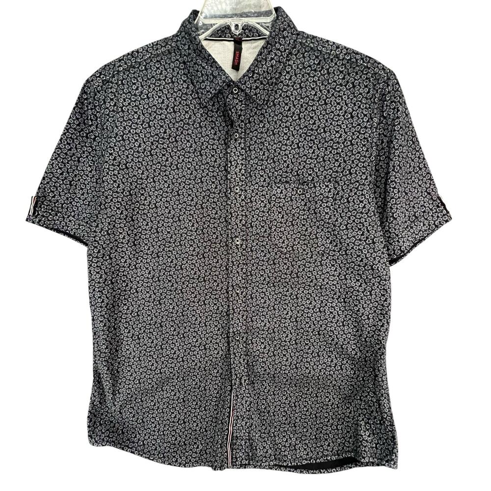 Smash Shirt Mens XL Black White Floral Cotton Button Up Casual Retro Breathable